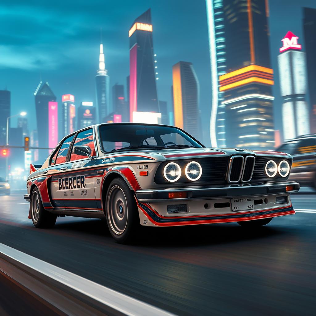 A cinematic shot of a futuristic 1975 BMW 3 Series (E21) reimagined for 2024, featuring modern enhancements like LED headlights, sleek body lines, and a contemporary racing livery