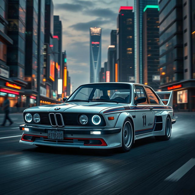 A cinematic shot of a futuristic 1975 BMW 3 Series (E21) reimagined for 2024, featuring modern enhancements like LED headlights, sleek body lines, and a contemporary racing livery