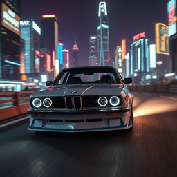 A cinematic shot of a futuristic 1975 BMW 3 Series (E21) reimagined for 2024, featuring modern enhancements like LED headlights, sleek body lines, and a contemporary racing livery