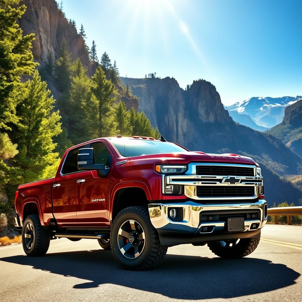 A powerful and rugged pickup truck parked on a scenic mountain road, surrounded by lush green trees and dramatic cliffs