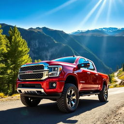 A powerful and rugged pickup truck parked on a scenic mountain road, surrounded by lush green trees and dramatic cliffs