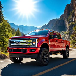 A powerful and rugged pickup truck parked on a scenic mountain road, surrounded by lush green trees and dramatic cliffs