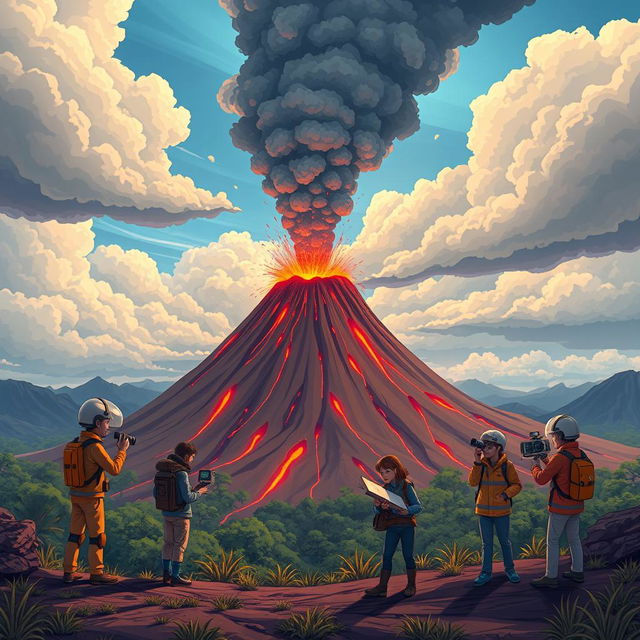 An animated scene showing a volcano with a team of scientists studying it