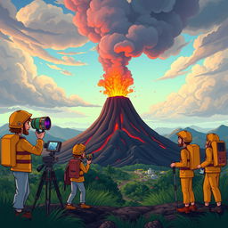 An animated scene showing a volcano with a team of scientists studying it