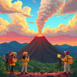 An animated scene showing a volcano with a team of scientists studying it