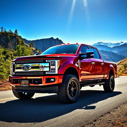 A powerful and rugged pickup truck parked on a scenic mountain road, surrounded by lush green trees and dramatic cliffs
