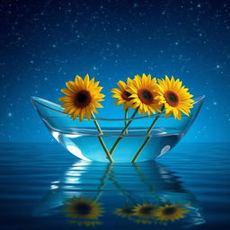 A beautiful glass boat partially filled with water, showcasing a serene scene with three sunflowers elegantly falling out of the boat, one after the other