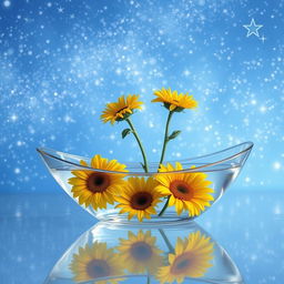 A beautiful glass boat partially filled with water, showcasing a serene scene with three sunflowers elegantly falling out of the boat, one after the other