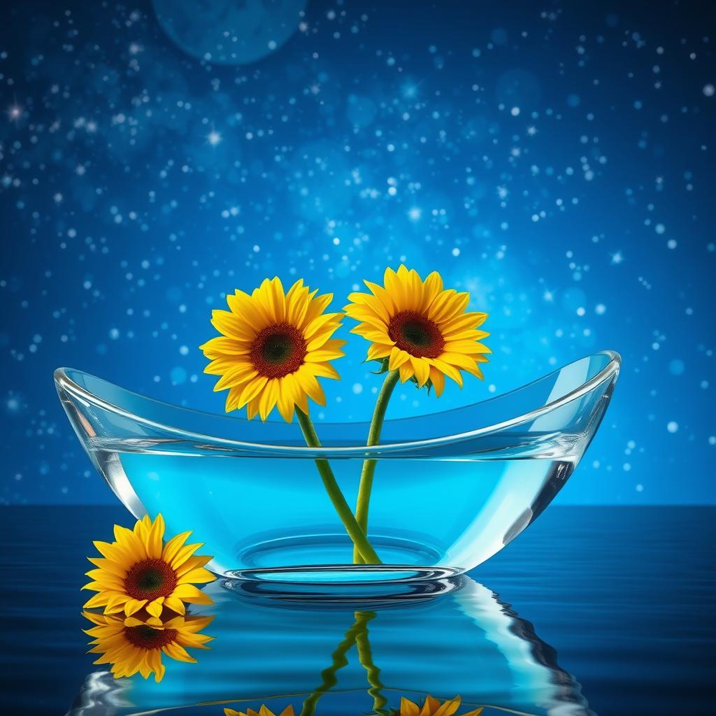 A beautiful glass boat partially filled with water, showcasing a serene scene with three sunflowers elegantly falling out of the boat, one after the other
