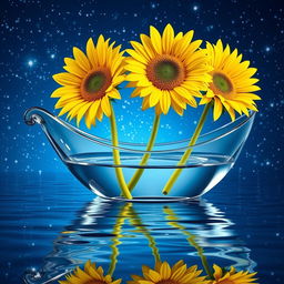 A beautiful glass boat partially filled with water, showcasing a serene scene with three sunflowers elegantly falling out of the boat, one after the other
