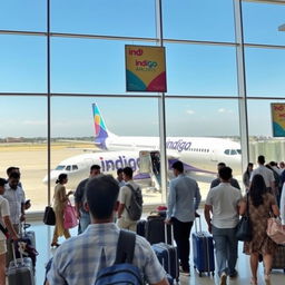 A bustling airport scene featuring an Indigo Airlines plane prominently in the background