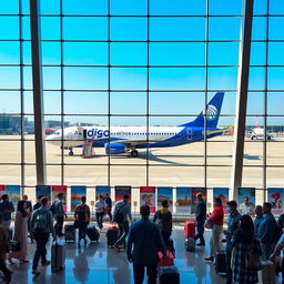 A bustling airport scene featuring an Indigo Airlines plane prominently in the background