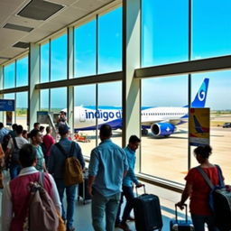 A bustling airport scene featuring an Indigo Airlines plane prominently in the background
