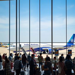 A bustling airport scene featuring an Indigo Airlines plane prominently in the background