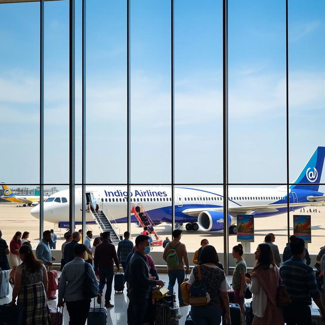 A bustling airport scene featuring an Indigo Airlines plane prominently in the background