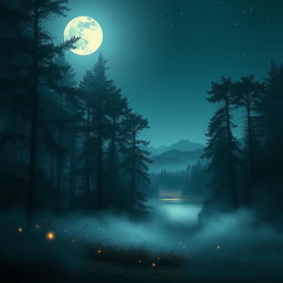 A tranquil night scene set in a mystical forest illuminated by soft moonlight filtering through dense trees