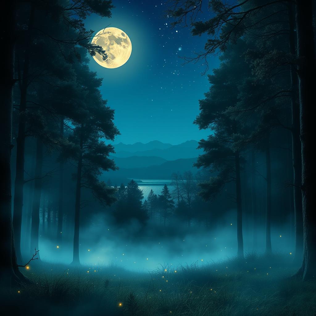 A tranquil night scene set in a mystical forest illuminated by soft moonlight filtering through dense trees