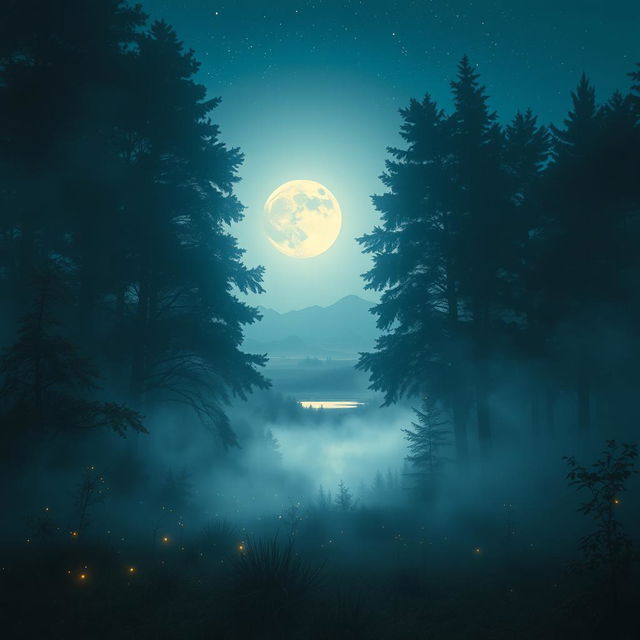 A tranquil night scene set in a mystical forest illuminated by soft moonlight filtering through dense trees