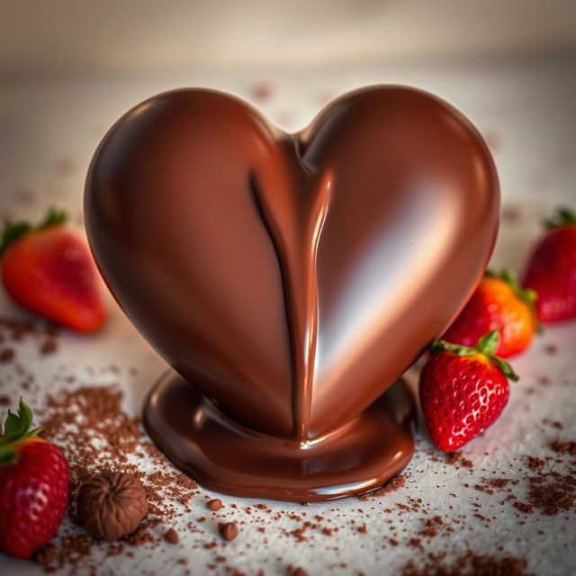 A delicious chocolate heart in a glossy, rich brown color, beautifully crafted, with melted chocolate cascading smoothly from the top, creating a glossy pool at the bottom