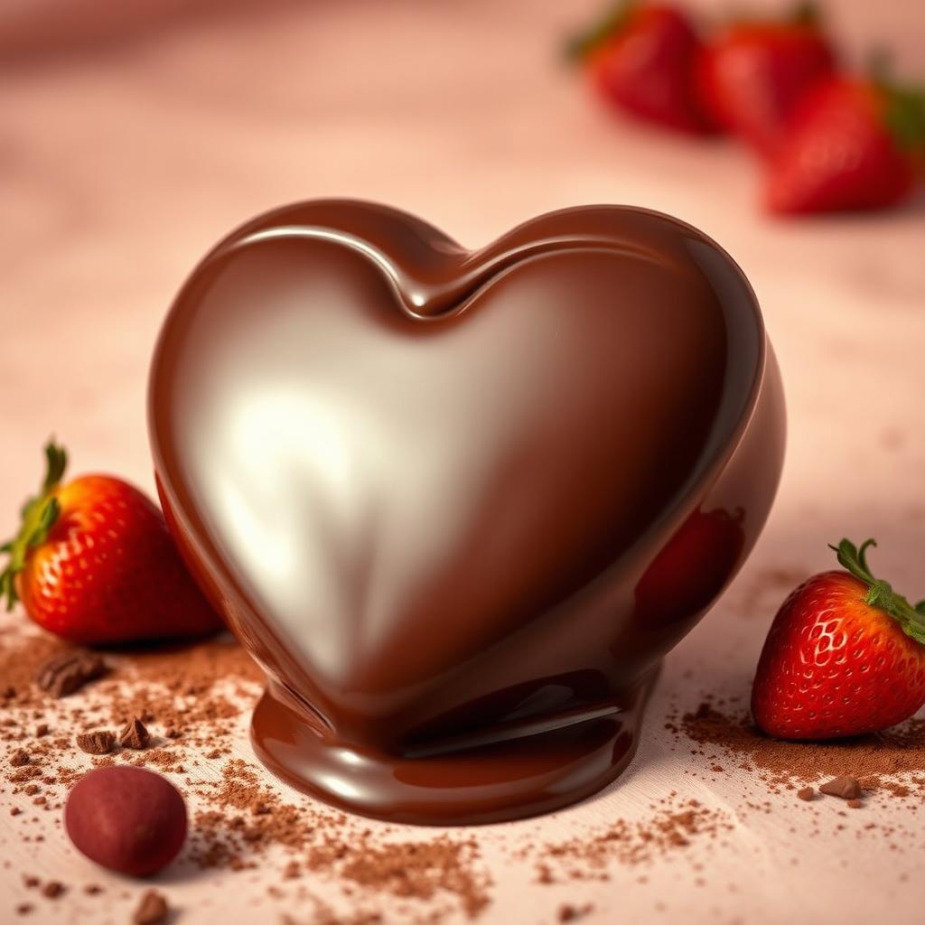 A delicious chocolate heart in a glossy, rich brown color, beautifully crafted, with melted chocolate cascading smoothly from the top, creating a glossy pool at the bottom