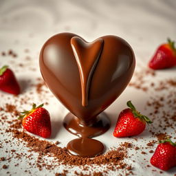 A delicious chocolate heart in a glossy, rich brown color, beautifully crafted, with melted chocolate cascading smoothly from the top, creating a glossy pool at the bottom