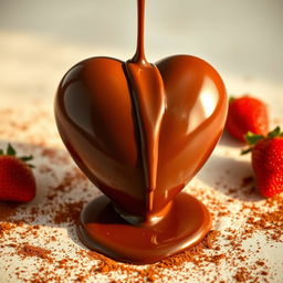 A delicious chocolate heart in a glossy, rich brown color, beautifully crafted, with melted chocolate cascading smoothly from the top, creating a glossy pool at the bottom
