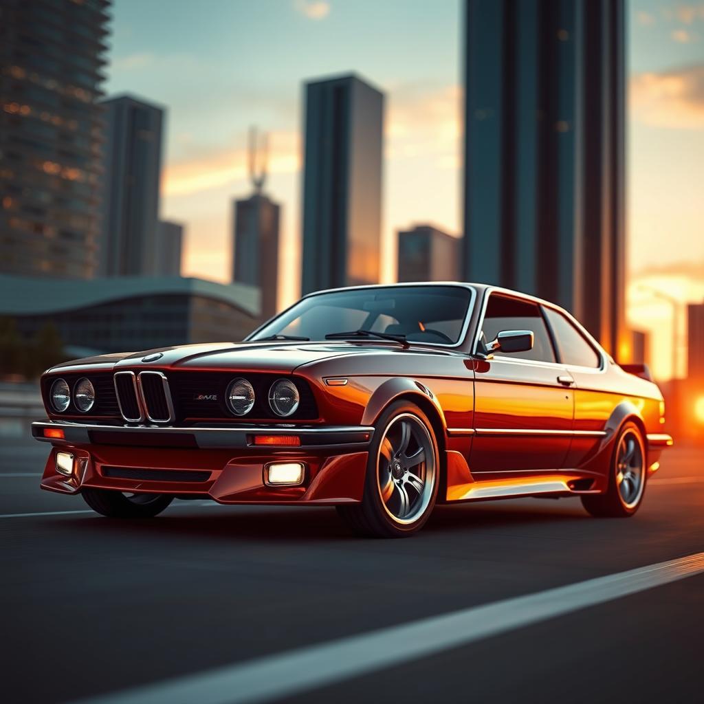 A cinematic image of a modernized concept version of the classic BMW 3 Series (E21), showcasing a sleek and futuristic design while retaining its iconic shape