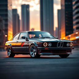 A cinematic image of a modernized concept version of the classic BMW 3 Series (E21), showcasing a sleek and futuristic design while retaining its iconic shape