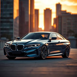 A cinematic image of a modernized concept version of the classic BMW 3 Series (E21), showcasing a sleek and futuristic design while retaining its iconic shape