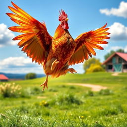 A vibrant and dynamic scene showing a rooster majestically jumping in mid-air, its feathers in full display and showcasing vivid colors like red, orange, and yellow