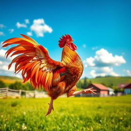 A vibrant and dynamic scene showing a rooster majestically jumping in mid-air, its feathers in full display and showcasing vivid colors like red, orange, and yellow