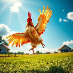 A vibrant and dynamic scene showing a rooster majestically jumping in mid-air, its feathers in full display and showcasing vivid colors like red, orange, and yellow