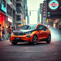 A cinematic image of a BMW i3 designed as if it were made in the 1980s, showcasing a retro-futuristic style with vibrant colors, sharp angular lines, and bold graphics
