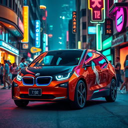 A cinematic image of a BMW i3 designed as if it were made in the 1980s, showcasing a retro-futuristic style with vibrant colors, sharp angular lines, and bold graphics
