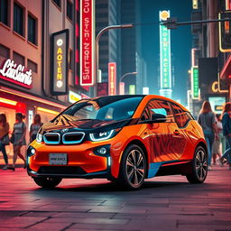 A cinematic image of a BMW i3 designed as if it were made in the 1980s, showcasing a retro-futuristic style with vibrant colors, sharp angular lines, and bold graphics
