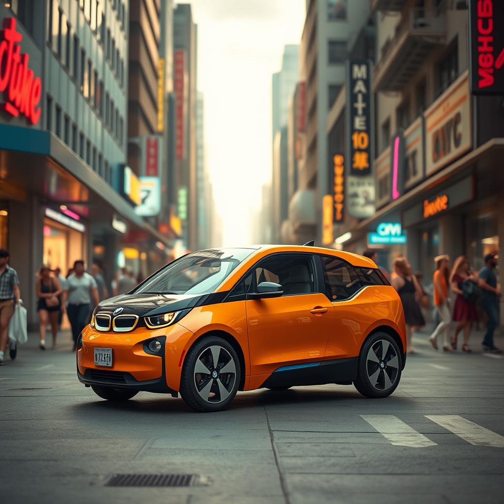 A cinematic image of a BMW i3 designed as if it were made in the 1980s, showcasing a retro-futuristic style with vibrant colors, sharp angular lines, and bold graphics