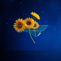 A long vertical glass boat filled with water halfway, showcasing three vibrant sunflowers falling out of the boat one after the other, creating a sense of motion as they cascade gracefully