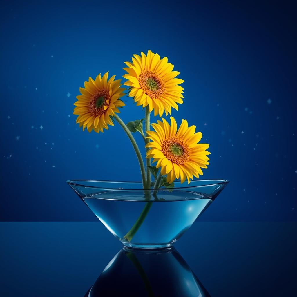 A long vertical glass boat filled with water halfway, showcasing three vibrant sunflowers falling out of the boat one after the other, creating a sense of motion as they cascade gracefully