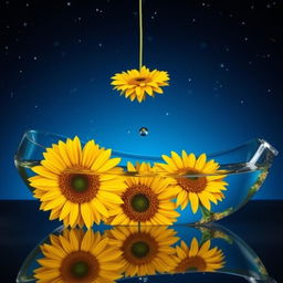 A long vertical glass boat filled with water halfway, showcasing three vibrant sunflowers falling out of the boat one after the other, creating a sense of motion as they cascade gracefully