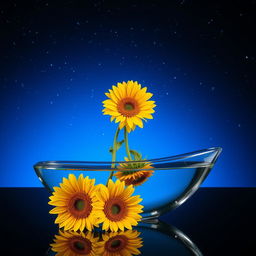 A long vertical glass boat filled with water halfway, showcasing three vibrant sunflowers falling out of the boat one after the other, creating a sense of motion as they cascade gracefully