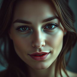 A close-up portrait of a woman with an enigmatic expression, her lips pressed together, with a subtle hint of a smile in her eyes