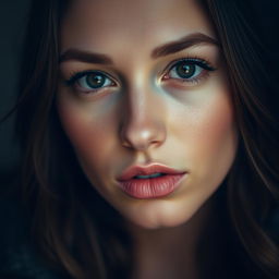 A close-up portrait of a woman with an enigmatic expression, her lips pressed together, with a subtle hint of a smile in her eyes