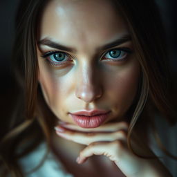 A close-up portrait of a woman with an enigmatic expression, her lips pressed together, with a subtle hint of a smile in her eyes