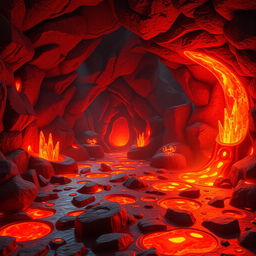 An animated room themed around magma, featuring bright, flowing lava in various shades of red and orange, glowing embers scattered on the ground, and volcanic rock walls with intricate patterns