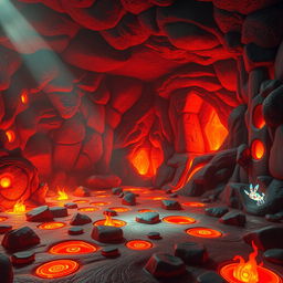 An animated room themed around magma, featuring bright, flowing lava in various shades of red and orange, glowing embers scattered on the ground, and volcanic rock walls with intricate patterns