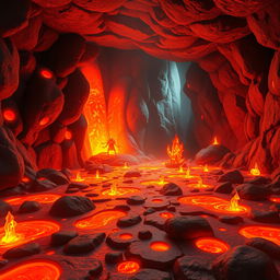 An animated room themed around magma, featuring bright, flowing lava in various shades of red and orange, glowing embers scattered on the ground, and volcanic rock walls with intricate patterns