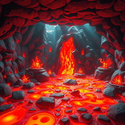 An animated room themed around magma, featuring bright, flowing lava in various shades of red and orange, glowing embers scattered on the ground, and volcanic rock walls with intricate patterns