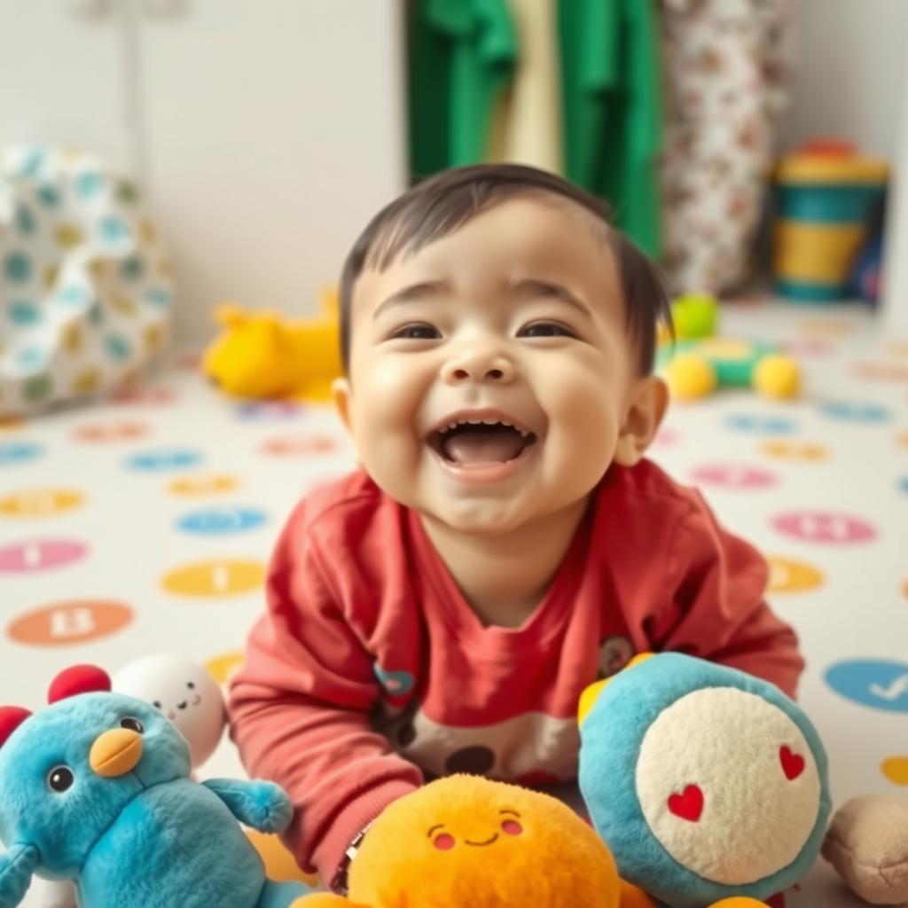 A cute, happily laughing baby in a playful environment, surrounded by colorful soft toys and a bright, whimsical space with cheerful patterns