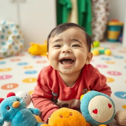 A cute, happily laughing baby in a playful environment, surrounded by colorful soft toys and a bright, whimsical space with cheerful patterns