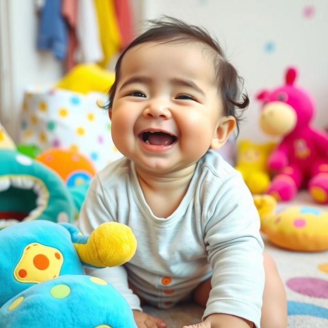 A cute, happily laughing baby in a playful environment, surrounded by colorful soft toys and a bright, whimsical space with cheerful patterns